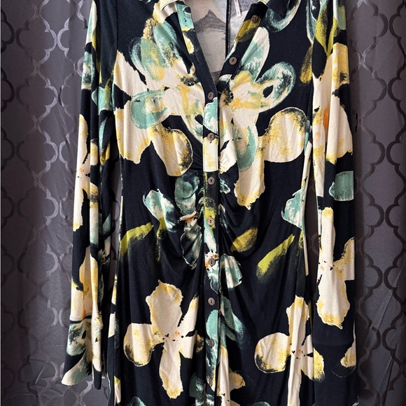 Free People button up dress floral print black yellow long sleeve size large - Picture 2 of 8